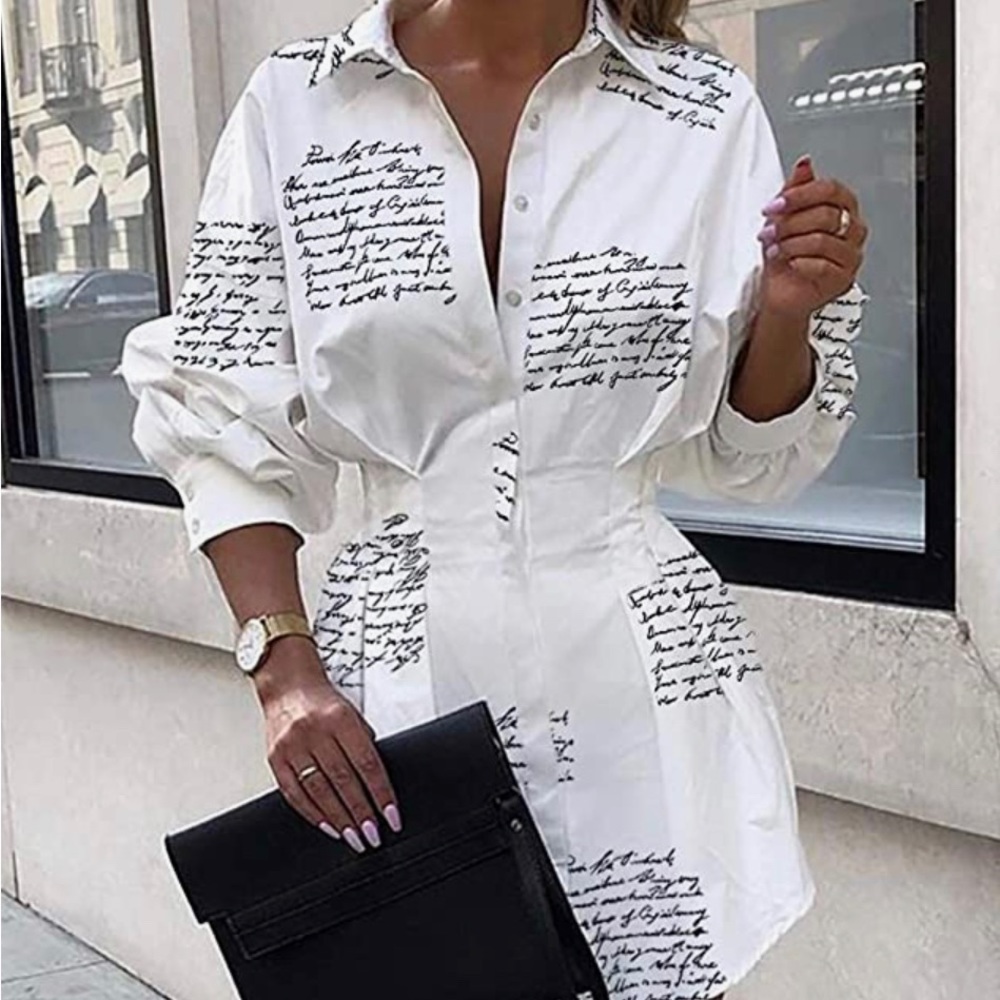Casual Button Down Blouse Long Sleeve Short Dress
